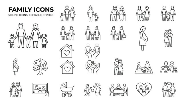 Comprehensive collection of minimalist family unit icons featuring parents children and relatives in a modern thin line vector style with adjustable stroke weight for graphic design projects.
