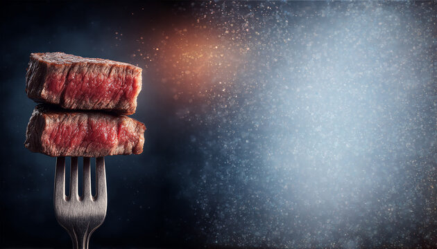 Freshly baked juicy meat on a fork with a tender pink center and copy space, gourmet food concept showcasing premium quality and delicious flavor