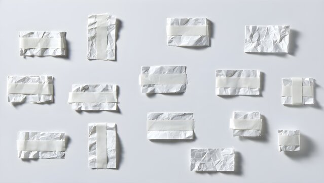 Collection of numerous small crumpled paper pieces attached with adhesive tape arranged thoughtfully on a flat plain surface showcasing a variety of textures and forms for creative applications