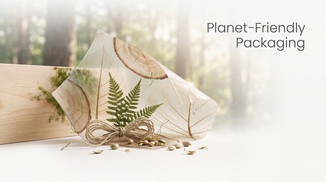 Biodegradable packaging material featuring natural elements in soft earth tones