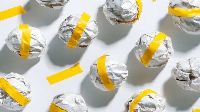 Numerous crumpled paper balls adorned with bright yellow tape strips are artfully arranged in a repeating pattern across a neutral surface demonstrating a concept of creative assembly and