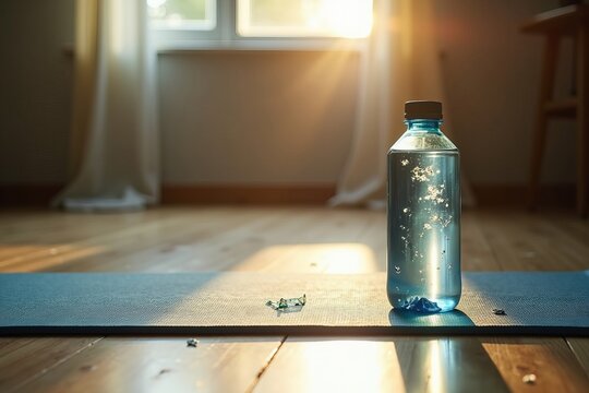 An Abandoned Water Bottle on a Yoga Mat: A Reflection of Forgotten Intentions Amidst the Light of Chaos and Tranquility in a Fitness Journey