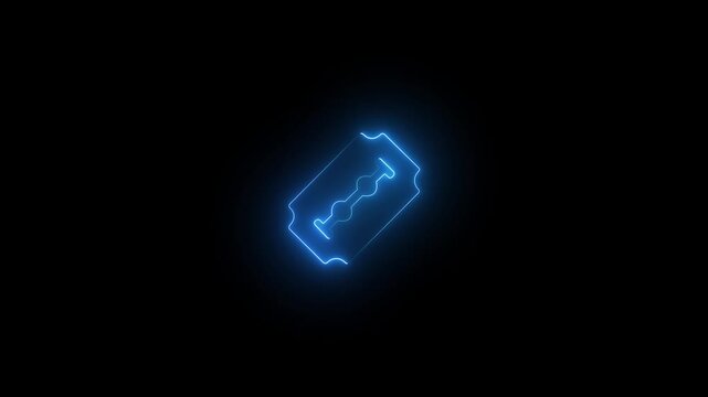 Neon Outline of a Razor Blade on Black Background sharp. Glowing neon line razor icon isolated on black background. 4K Video motion graphic animation. Video footage of glowing Razor icon animation.