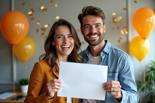 Documenting the Joy: A Couple in Their Home Office Celebrates Loan Approval Amidst Balloons and Confetti