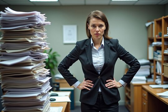 Overwhelmed Professional Amidst a Chaotic Stack of Files, Hands on Hips and Furrowed Brow Signaling the Burden of Excessive Paperwork