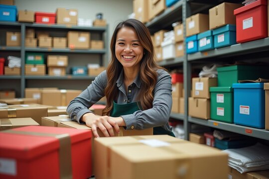Vibrant Candid Moment: A Mailroom Worker Joyfully Organizing a Colorful Array of Packages Amidst Sorting Bins.