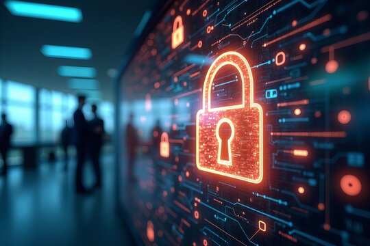 Design a Captivating Visual of a Digital Lock Overlay on a Blurred Office Background, Representing Virtual Security for Business Assets