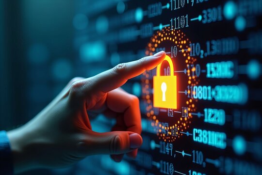 Close-Up of a Finger Hovering Over a Luminescent Lock Icon on a Digital Display, Encircled by Abstract Visuals of Encrypted Data Streams.
