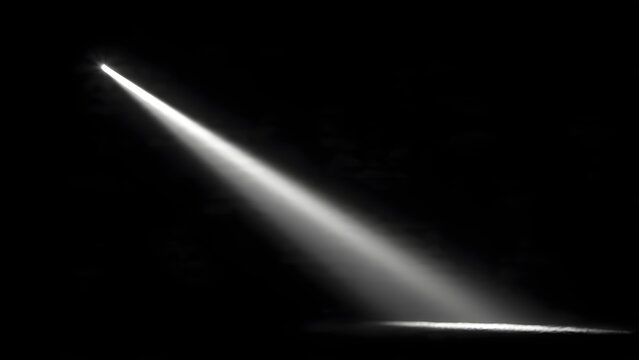 Illuminating beam emerges from darkness projecting bright light onto a surface for events and presentations illustrating focus and discovery with atmospheric glow and dynamic radiance across a