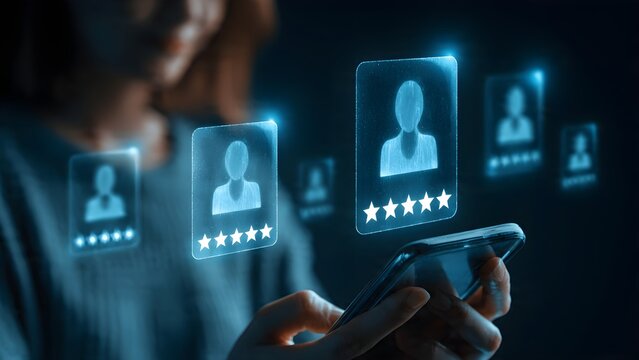 Selecting ideal team members from a digital interface displaying user profiles and star ratings representing recruitment and human resources management with glowing icons suggesting success and