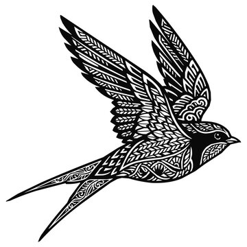 Intricate swallow bird flying silhouette featuring an ornate mandala pattern and decorative zentangle details for tattoo design and coloring page art.