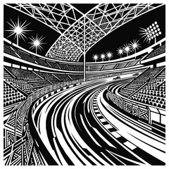 Obraz premium Black and white race track inside a grand stadium for motorsport events, featuring a curved speedway and grandstand seats under bright floodlights