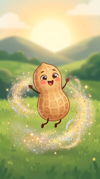 Cute cartoon peanut character jumping joyfully across magical green agricultural farming field