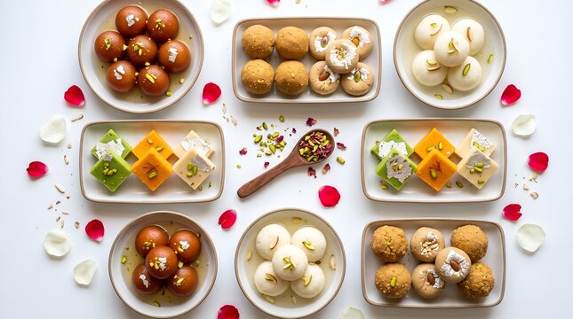 Assorted Traditional Indian Sweets Collection on White Background for Festival Celebration