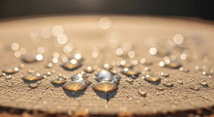 Close up view of clear water droplets glistening on a textured surface with soft light bokeh © Wong