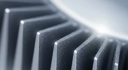 Close up view of a metallic heatsink with intricate cooling fins © Wong