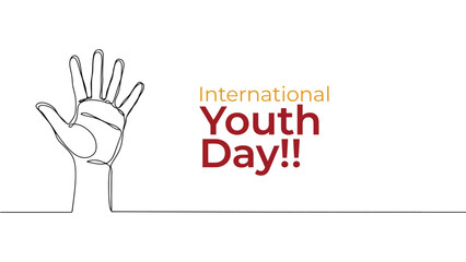 International Youth Day awareness design with upright hand line drawing and bold orange-red typography celebrating youth empowerment, participation, creativity, and global recognition © Clipzax
