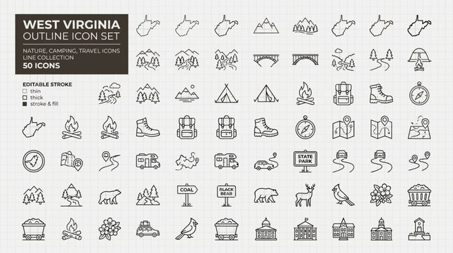 West Virginia State Outline Map Icon Set Featuring Nature Camping and Travel Symbols in Minimalist Linear Style for Adventure Tourism and Outdoor Exploration Graphic Collection