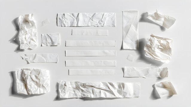 Collection of crumpled and folded white paper fragments arranged with deliberate spacing on a light neutral surface showcasing diverse textures and forms for creative design projects and