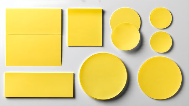 Collection of assorted yellow stationery supplies including memo pads and circular sticky notes arranged artfully on a neutral surface perfect for office organization and creative reminders