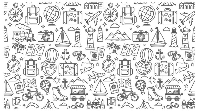 travel icons seamless pattern with backpack and airplane