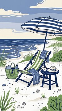Beach chair with umbrella and accessories illustration