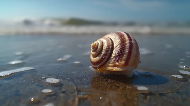 A video of a snail shell on a wet sandy beach with ocean waves