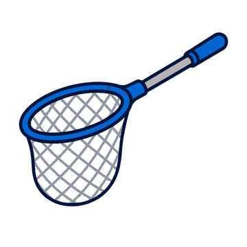 Blue Handheld Fishing Net with Mesh Pouch Isolated on White Background - Vector Style Illustration for Outdoor Recreation and Aquatic Wildlife Catching Concepts
