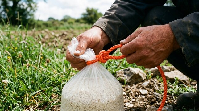 Farmer tying a plastic bag filled with rice grains in a field