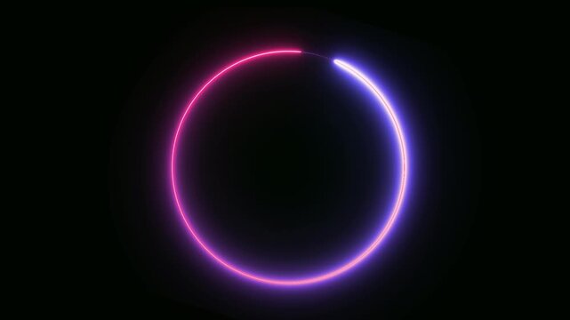 Glowing neon circle ring animation with pink and purple gradient light on black background futuristic loop abstract halo shape 4k video motion design