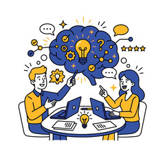 Fototapeta premium business team brainstorming creative ideas at a table with a glowing brain graphic symbolizing innovative problem-solving and intellectual growth.