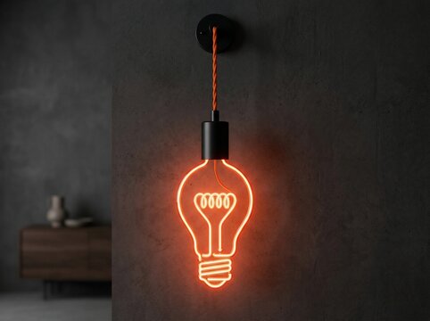 Neon light bulb sign on a dark concrete wall