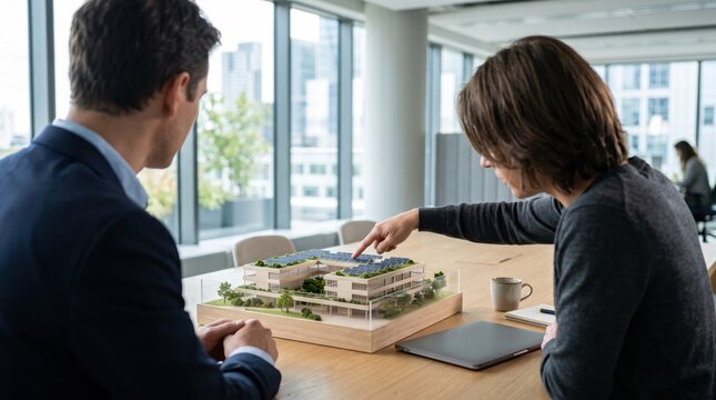 Architects discussing sustainable building model with solar panels on roof in modern office, real estate development project, green architecture design