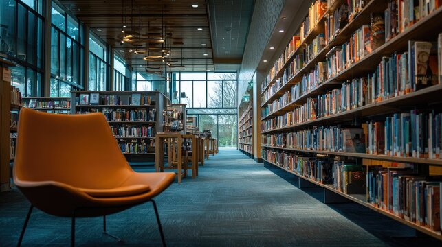A cozy orange chair sits in a spacious library aisle lined with books