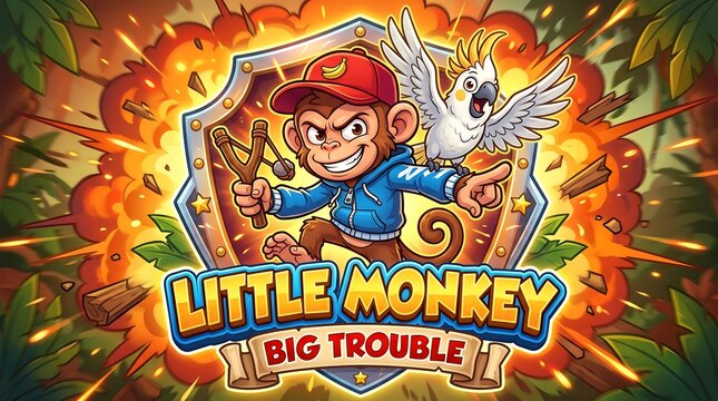 Little monkey big trouble game logo featuring mischievous primate with banana cap and slingshot amidst tropical jungle leaves and large explosion.