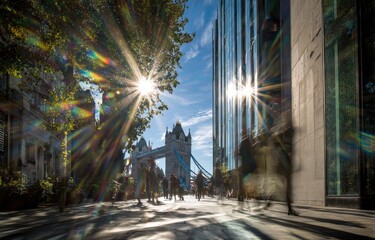 Naklejka premium City street scene with iconic bridge and bright sun flares