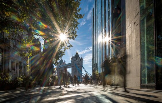 City street scene with iconic bridge and bright sun flares