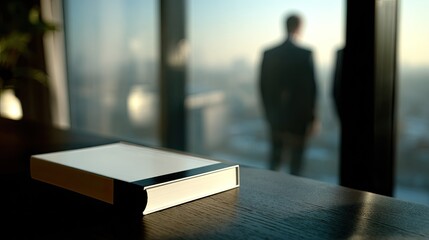 Plakat Two figures stand by window overlooking city with book in foreground
