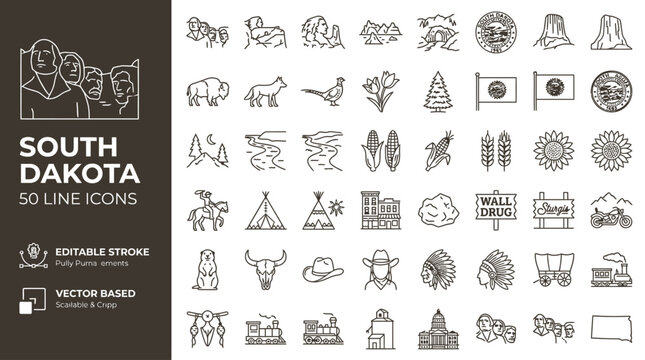 South Dakota state map outline icon collection featuring historical landmarks, geographical symbols, cultural heritage motifs, wilderness nature and regional tourism graphic illustrations.