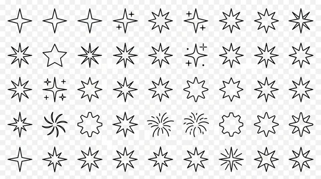 Elegant collection of diverse geometric star shapes and sparkling celestial silhouettes with shimmering twinkle effects and dynamic firework forms for artistic graphic design elements.