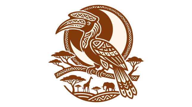 Artistic hornbill bird illustration with African landscape background.