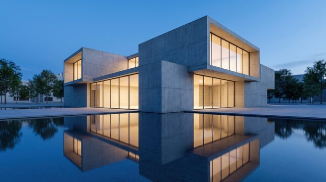 Modern concrete house architecture with large glass windows and reflection pool at twilight, luxury residential building exterior, minimalist design, evening blue hour sky