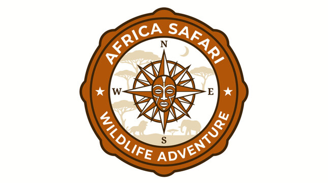 Africa safari compass rose and sun face emblem design.