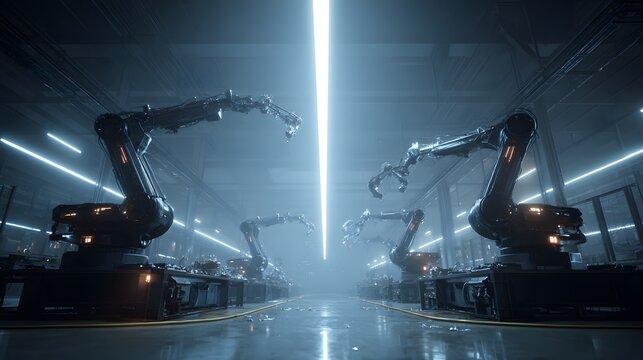 Futuristic recycling facility scene featuring compact robotic arms scanning and separating trash with glowing laser lines, spotless lab inspired setting with advanced technology and clean aesthetics,