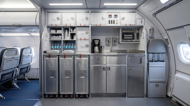 Modern Airplane Galley with Kitchen Equipment and Storage Solutions