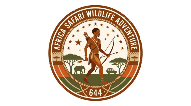 Africa safari wildlife adventure badge with tribal hunter illustration.