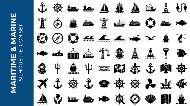 Comprehensive Maritime and Marine Silhouette Icon Set Featuring Nautical Shipping Vessels Ocean Logistic Transport Graphic Elements Isolated on White Background for Professional Design Work