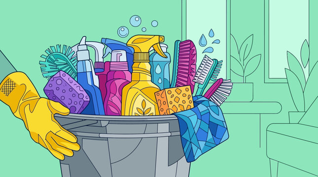 cleaning supplies and tools in bucket for household chores and spring cleaning concept