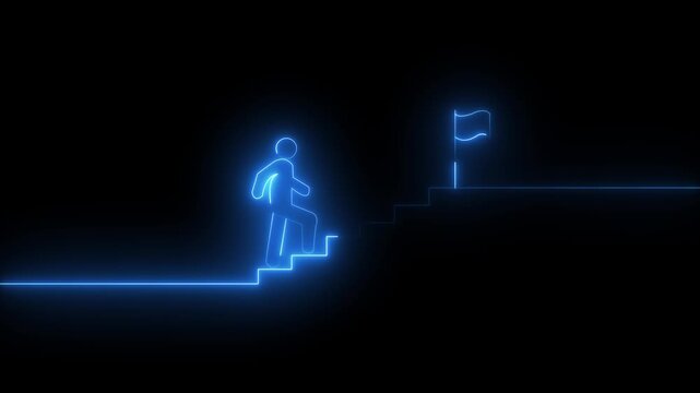 Neon Line Man Climbing Stairs to Flag Business Success and Leadership Concept. Business Leadership Concept Neon Line Man Going Up Stairs to Success Flag. SD animation