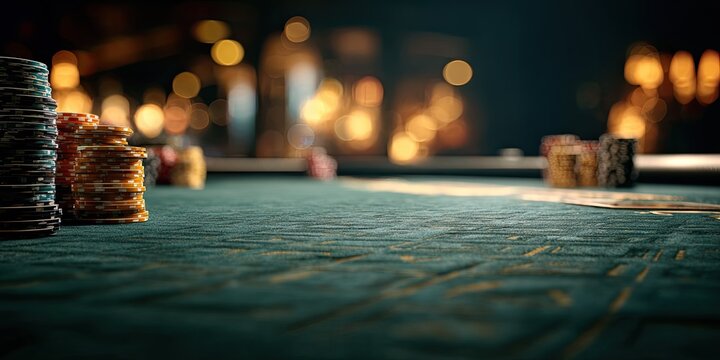 Gambling chips on a felt table in a dimly lit, upscale casino setting